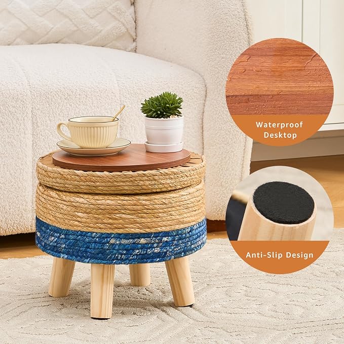 Cpintltr Storage Ottoman Poufs Handwoven Footstool Natural Seagrass Round - Image 5