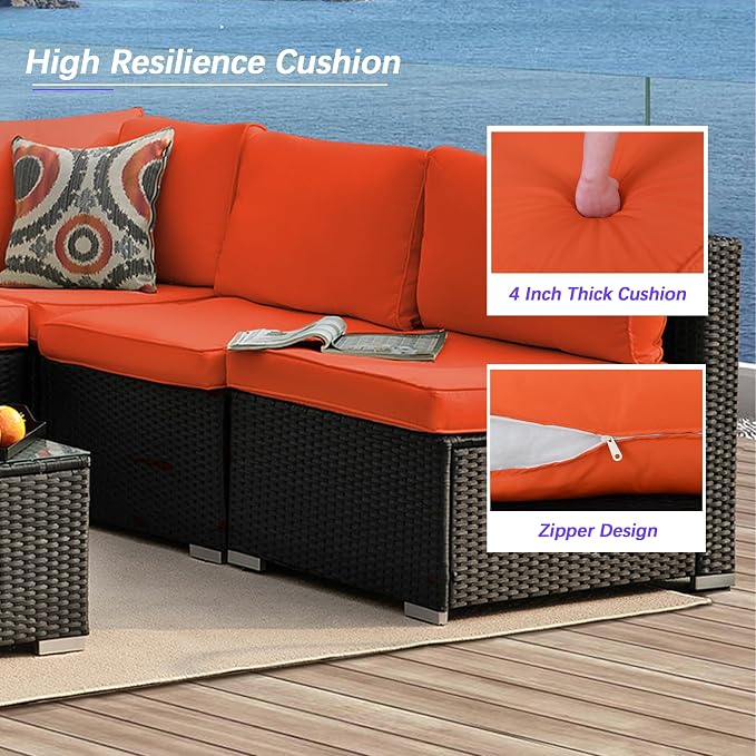 7 Piece Outdoor Patio Furniture Sets, Outdoor Wicker Conversatin Set w Glass - Image 3