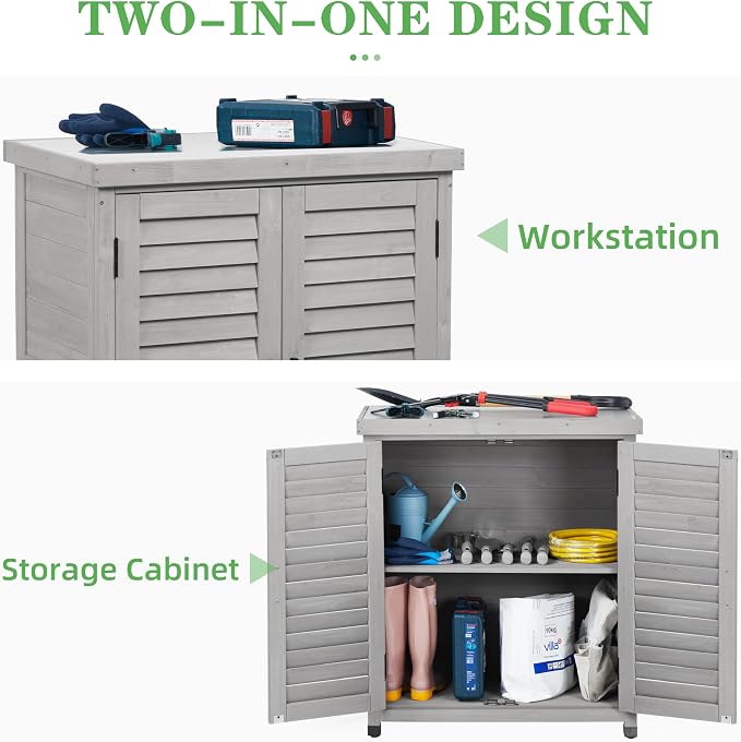 Outdoor Potting Bench with Storage Cabinet and Metal Top, Wood Workstation - Image 7
