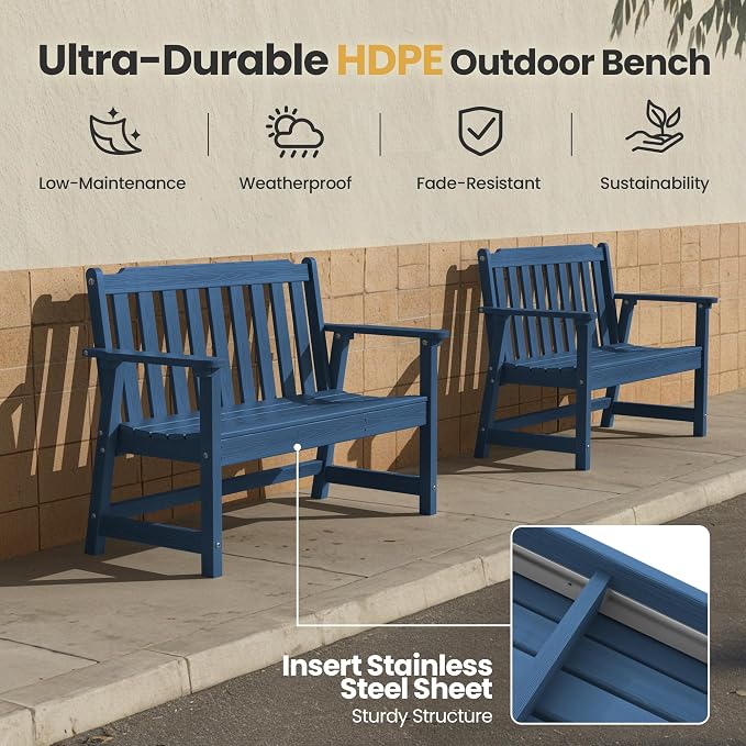 Ciokea 49" Heavy Duty Outdoor Bench Set of 2, HDPE Weatherproof Garden Bench - Image 3