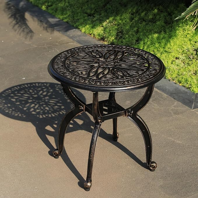 Cast Aluminum Outdoor Side Table, All Weather Round Small Coffee Table - Image 2