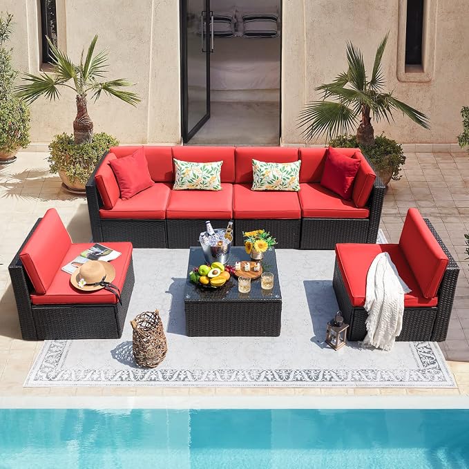 Devoko 7 Pieces Outdoor Sectional Sofa Patio Furniture Sets Manual Weaving - Image 2