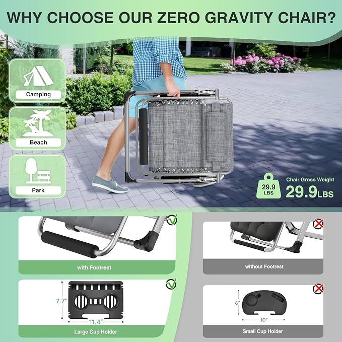 Suteck Oversized Zero Gravity Chair, 29In XL Outdoor Recliner Chair w/Removable - Image 5