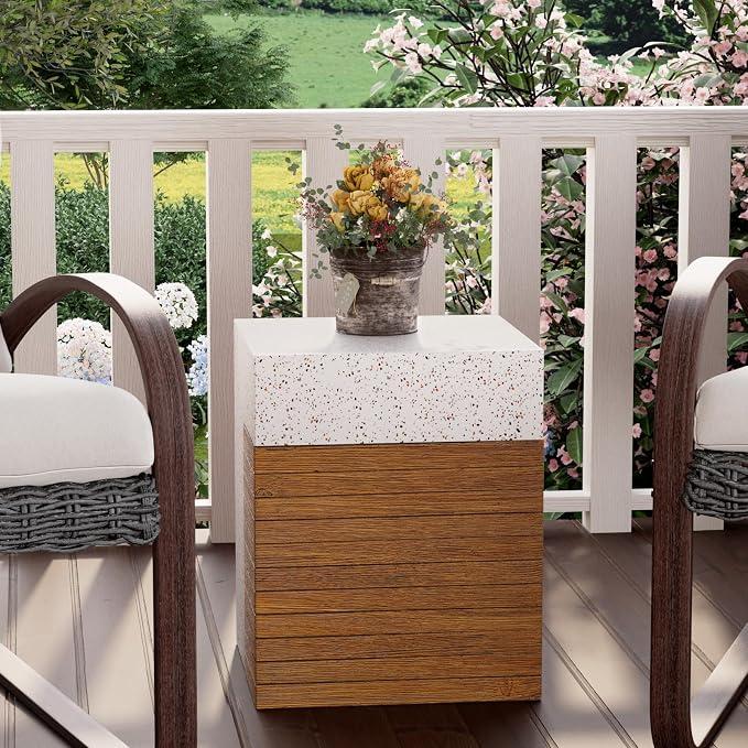 COSIEST Concrete Side Table, Rectangular Outdoor End Table w Faux Wood Design - Image 4