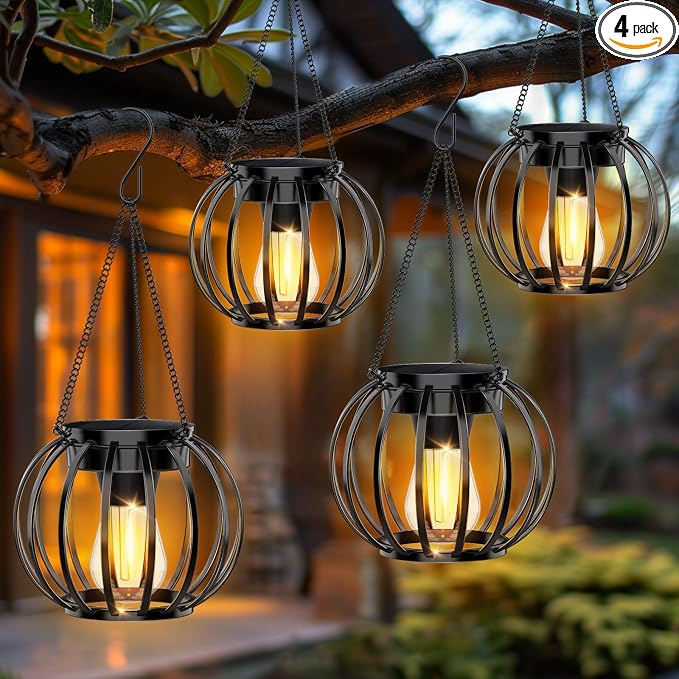 Solar Lanterns Lights Waterproof: 4 Pack Metal Hanging Outdoor Lights by NESSTU