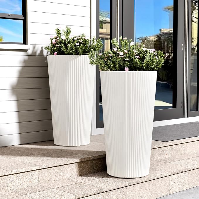 FONTOI 23.6" Tall Planter for Outdoor Plants Set of 2 Large Outdoor Plastic by FONTOI