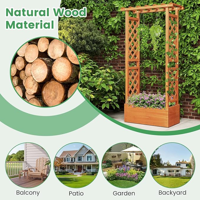 Giantex Raised Garden Bed with 2-Sided Trellis & Hanging Roof, Fir Wood Planter - Image 3