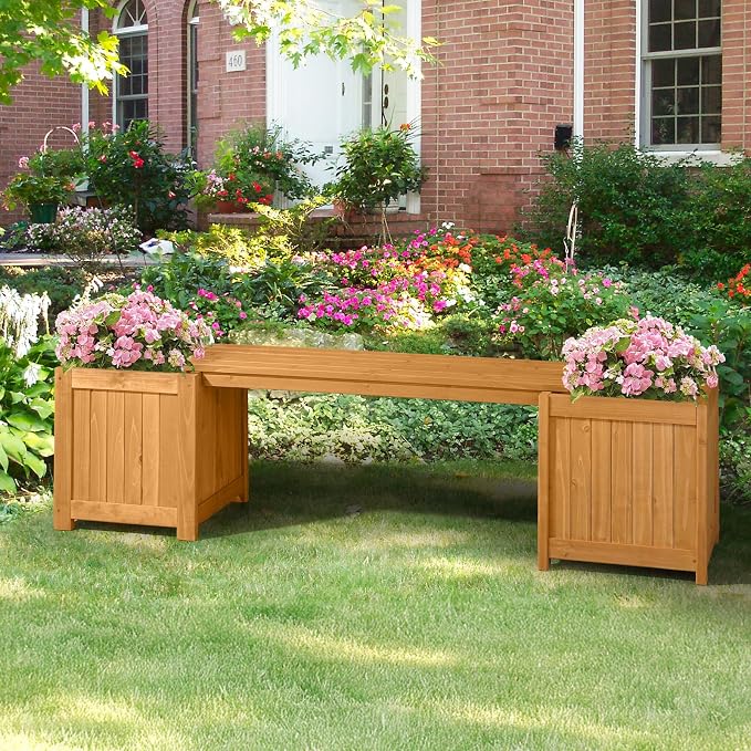 VINGLI Outdoor Wood Bench with Planter Boxes, 2-in-1 All-Weather Porch Bench - Image 9
