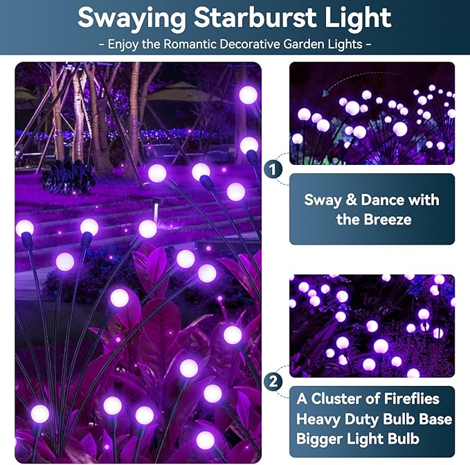 Solar Garden Lights Outdoor Waterproof, 4 Pack 32 LED Swaying Light Firefly - Image 2
