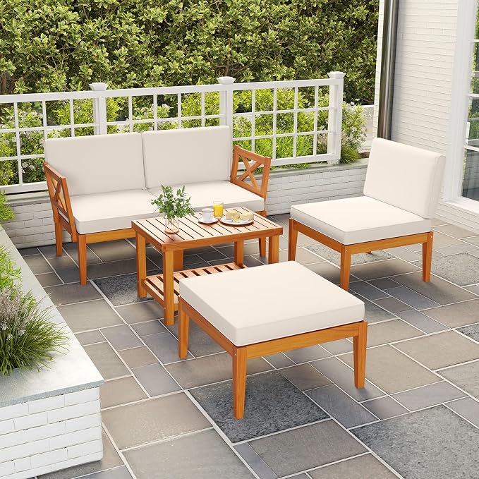 Tangkula L Shaped Outdoor Furniture Set, 5 Pieces Acacia Wood Patio - Image 3
