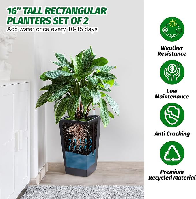 GarveeLife 16 in Tall Planters Set of 2, Outdoor＆Indoor Black Planter Pots - Image 2