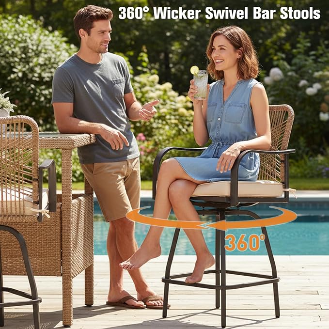 Outdoor Bar Stools Set of 6, 360° Swivel Metal Frame, Wicker Patio Bar Height - Image 4
