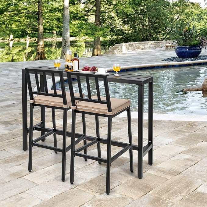 COSTWAY 3 Piece Outdoor Patio Bar Set, Metal Bar Table and Chairs Set - Image 2