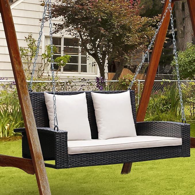 RELAX4LIFE Porch Swing 2-Seat Patio Rattan, Wicker Porch Swings Outdoor W/Two - Image 4