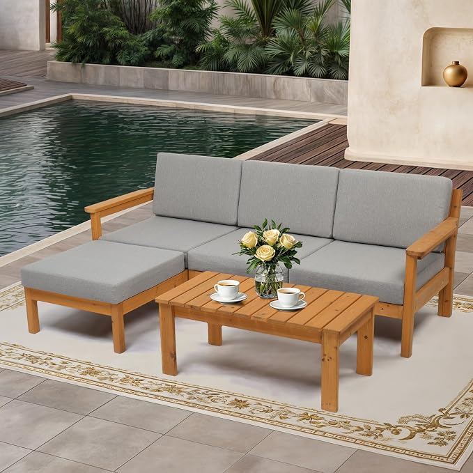 VINGLI 5 Pieces Wood Patio Furniture L-Shaped Outdoor Sectional Sofa Set - Image 2
