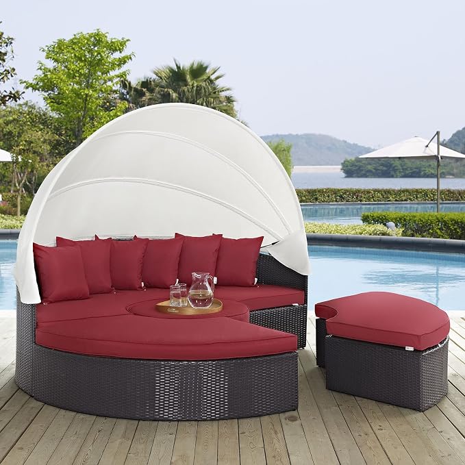 Modway Convene Wicker Rattan Outdoor Patio Retractable Canopy Round Poolside - Image 8
