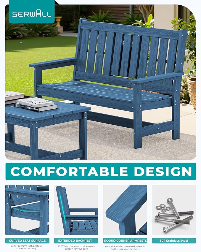 SERWALL Outdoor Bench with Cup Holder, All Weather Patio Benches with High - Image 5