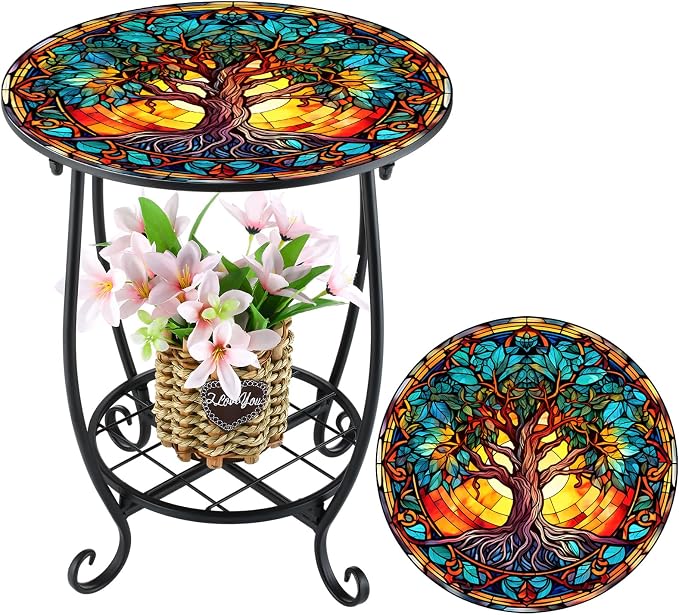 Outdoor Side Table Round Small Mosaic Patio Accent Indoor End Plant Coffee Tea by Cinnvoice