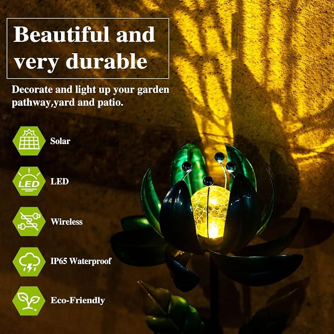 Solar Garden Lights Metal Flower Decor, Colorful Spinning Windmill Lotus - Image 4