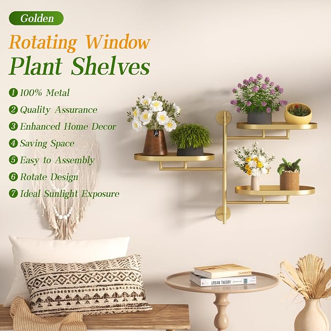 Window Rotating Plant Stand Shelf Indoor Gold Metal Floating Shelves 3-Tier - Image 3