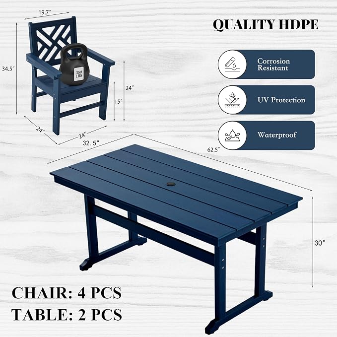 HDPE Outdoor Dining Set, 6-Piece Outdoor Table and Chairs Include 4 Dining - Image 2
