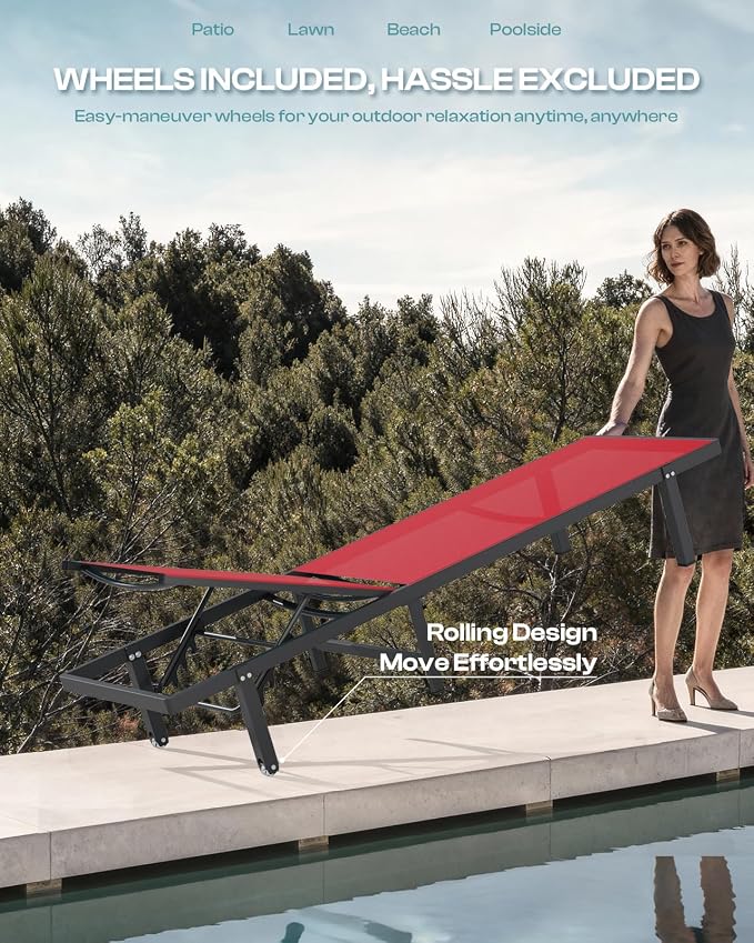 Lounge Chair Outdoor with Wheels, Aluminum Patio Chaise Lounge Chair with 5 - Image 3