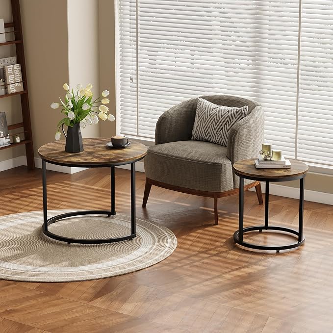 Smuxee Nesting Coffee Table Set of 2, 23.6" Round Coffee Table Rustic Wood Top - Image 6