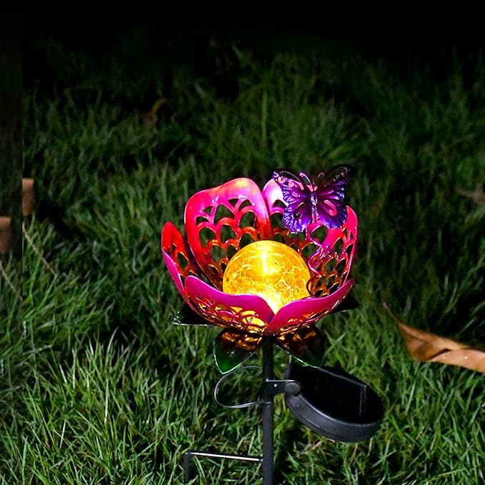 Solar Lights Outdoor Garden Decor, LED Lotus Flower Lamp, Metal Tulip & - Image 3