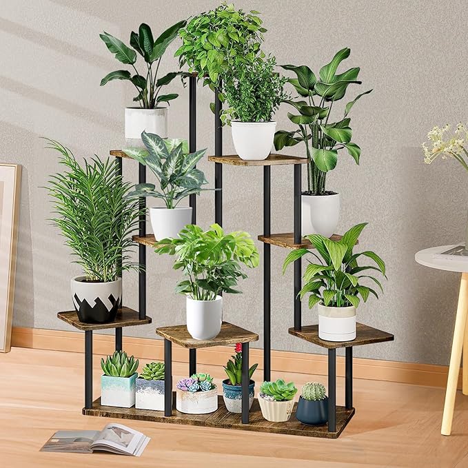 9 Tier Wood Tall Plant Stand Metal Rack Indoor, Planter Shelf Display Rack - Image 4
