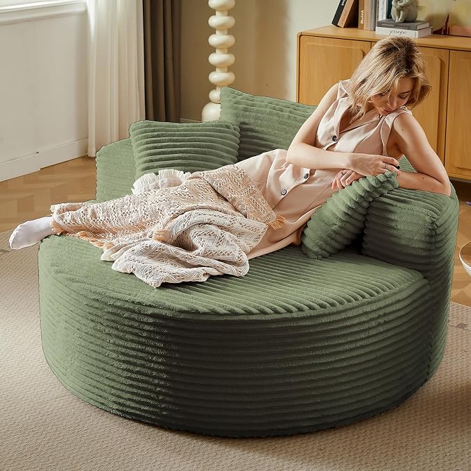 Oversized Round Chair Lounge Chaise Indoor, Upholstered Corduroy Deep Seat - Image 3