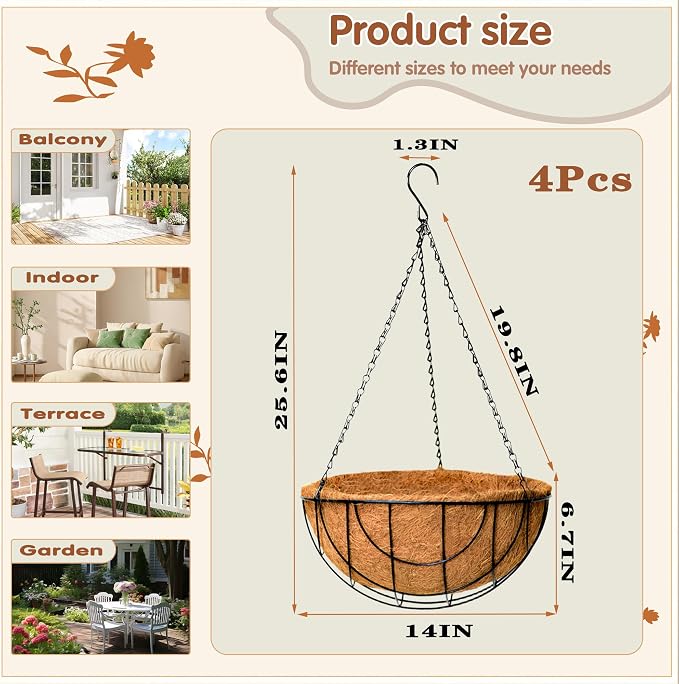 14 inch Metal Hanging Baskets For Plants Outdoor 4 Pack Round Metal Wire - Image 4