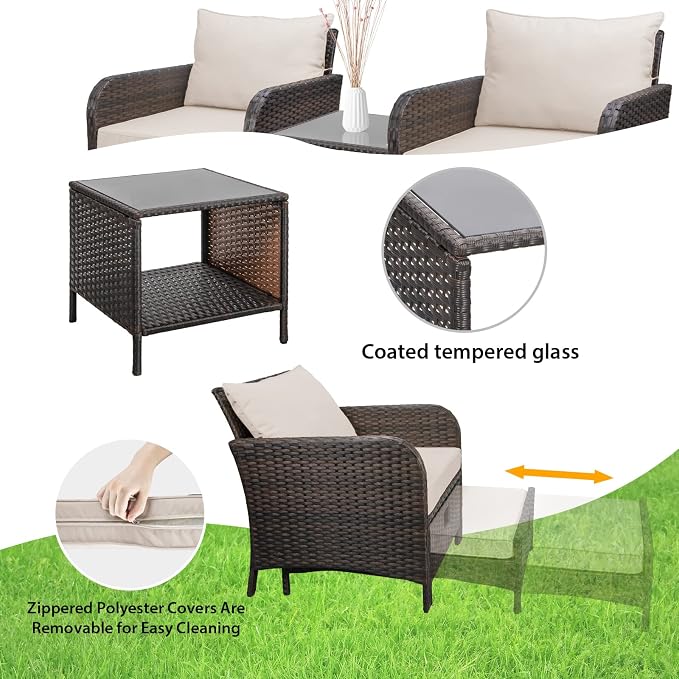 LEVELEVE Balcony Furniture 5 Piece Patio Conversation Set, PE Wicker Rattan - Image 5