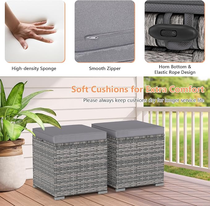 Tangkula 2 Pieces Patio Ottomans, Patiojoy Hand-Woven PE Rattan Side Table - Image 4