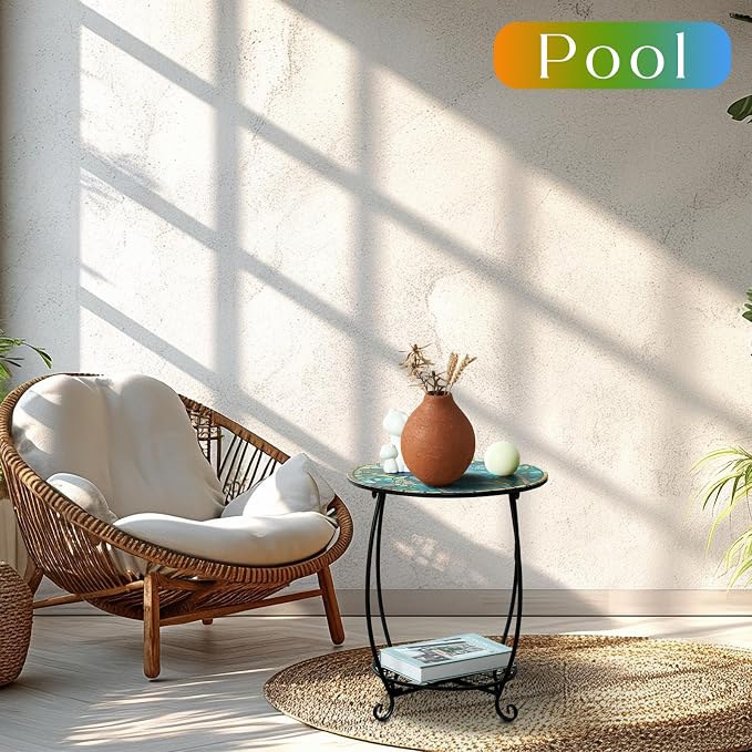 Outdoor Side Table Round Small Mosaic Patio Accent Indoor End Plant Coffee Tea - Image 5