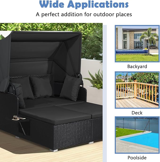 Moccha Outdoor Daybed with Retractable Canopy, Wicker Cabana with 2 Side Tables - Image 7