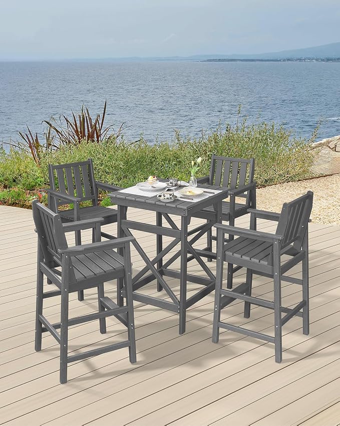 5 Pieces Adirondack Bar Chairs Set, HDPE Patio Bar Height Table and Chairs - Image 3