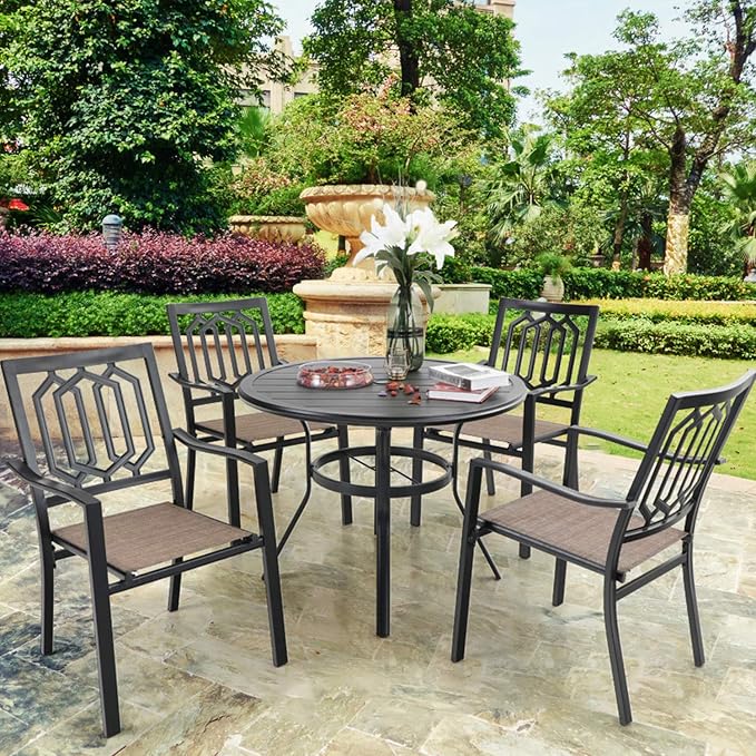 PHI VILLA 38 Inch Outdoor Round Dining Table, Metal Wrought Iron Slat Patio - Image 2