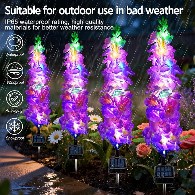 Solar Garden Lights, Solar Purple Delphinium Flowers Lights 8 Pack 160 LEDs - Image 5