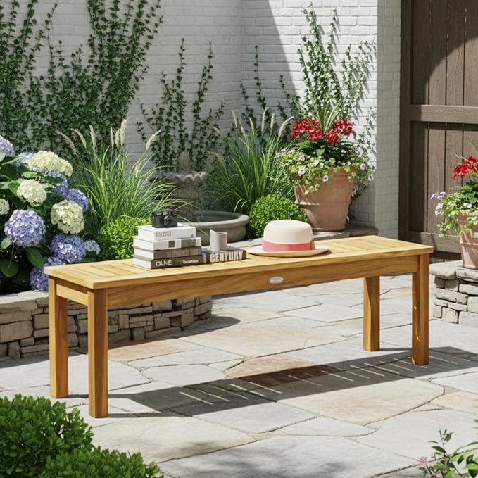 Tangkula 52 Inches Acacia Wood Outdoor Bench, Wood Bench - Image 4