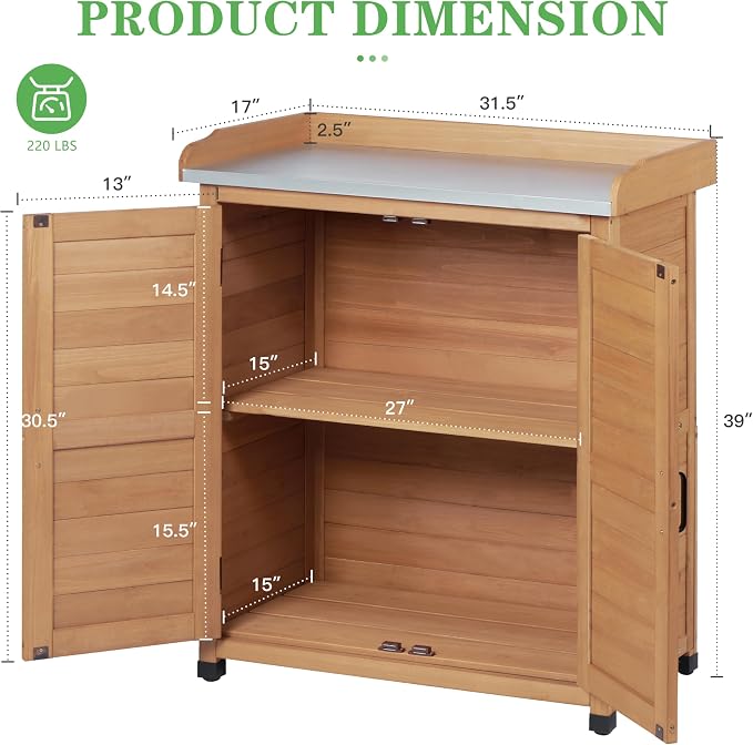 Outdoor Potting Bench with Storage Cabinet and Metal Top, Wood Workstation - Image 7