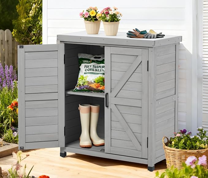 Outdoor Potting Bench with Storage Cabinet and Metal Top, Wood Workstation - Image 9