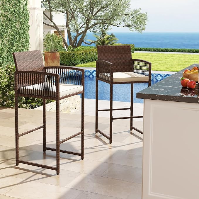 Tangkula Patio Bar Stools Set of 4, PE Rattan Bar Height Chairs - Image 3