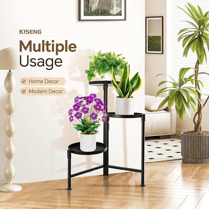 3 Tier Plant Stand Indoor, Metal Plant Shelf Outdoor, Foldable Corner Tall - Image 2