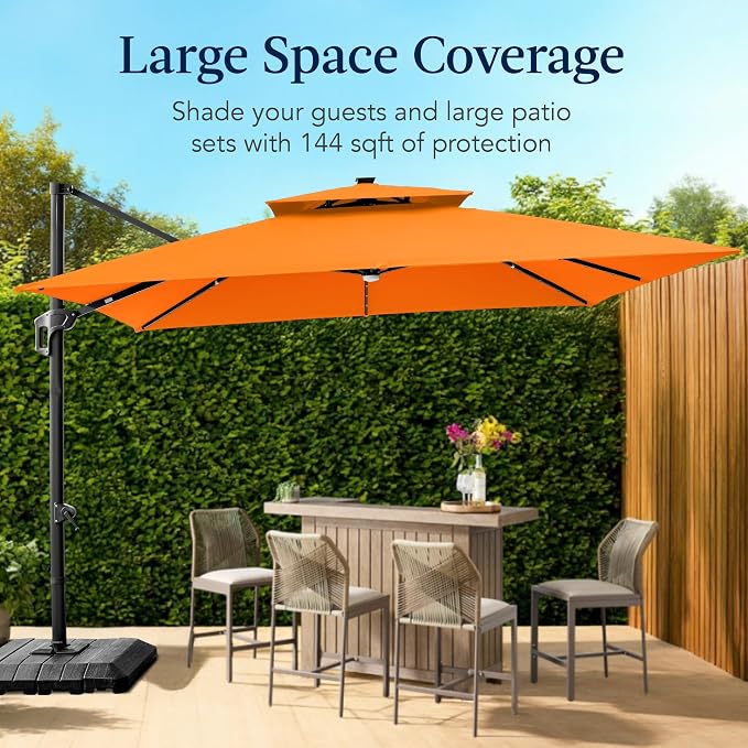Best Choice Products 12x12ft LED Cantilever Patio Umbrella w/Base Included & - Image 4