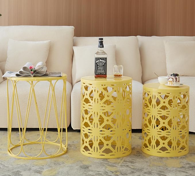 HFHOME Set of 3 Metal Outdoor Side Table, Nesting Round Coffee Table - Image 6