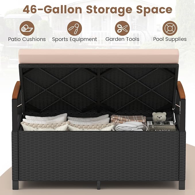RELAX4LIFE Wicker Outdoor Storage Bench, Rattan Deck Box w/Protective Liner - Image 2