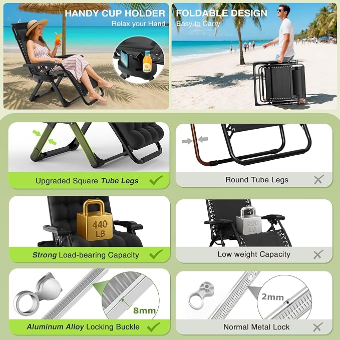 Suteck Zero Gravity Chair Set of 2, Reclining Camping Lounge Chair w/Removable - Image 3