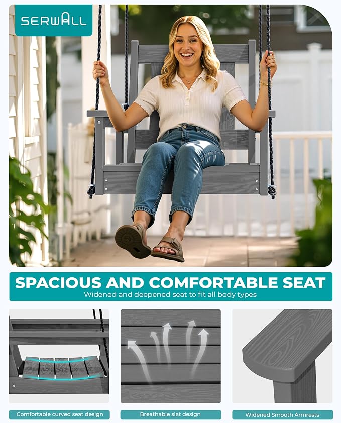 SERWALL HDPE Single Porch Swing Set of 2, Heavy Duty Single Person Swing Chair - Image 3