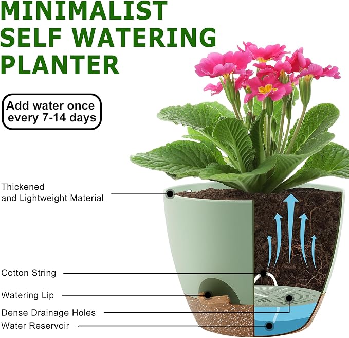 Plant Pots 10/9/8/7.5/7 Inch Self Watering Pots, Plastic Flower Pots, Nursery - Image 4