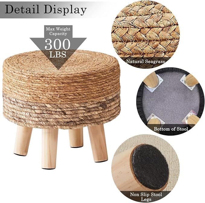 Wimarsbon Round Foot Stool Natural Seagrass Poufs Ottoman Hand Weave Footrest - Image 5